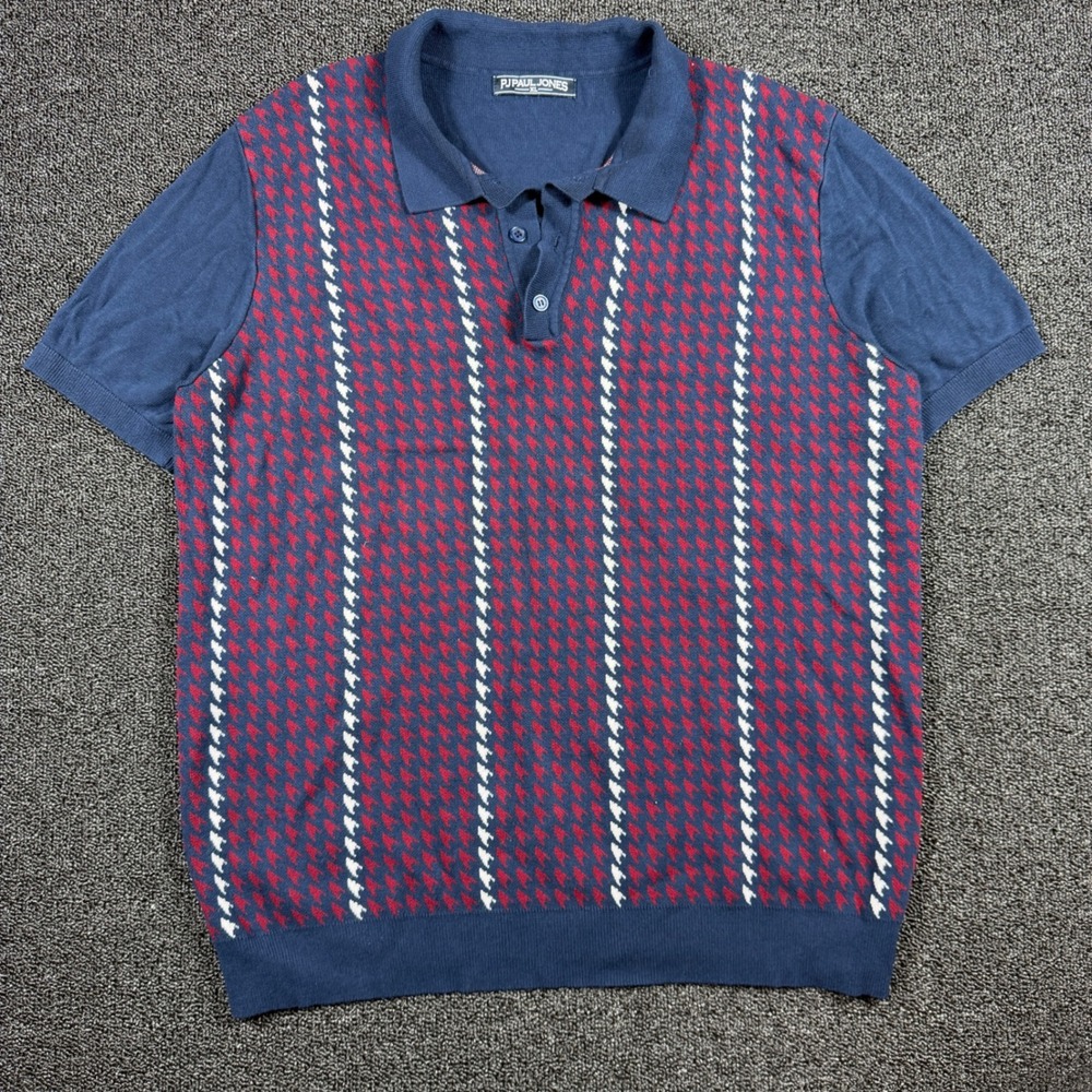 PJ Paul Jones Mens XL Knit Polo Shirt Navy Red Houndstooth Stripe Short Sleeve